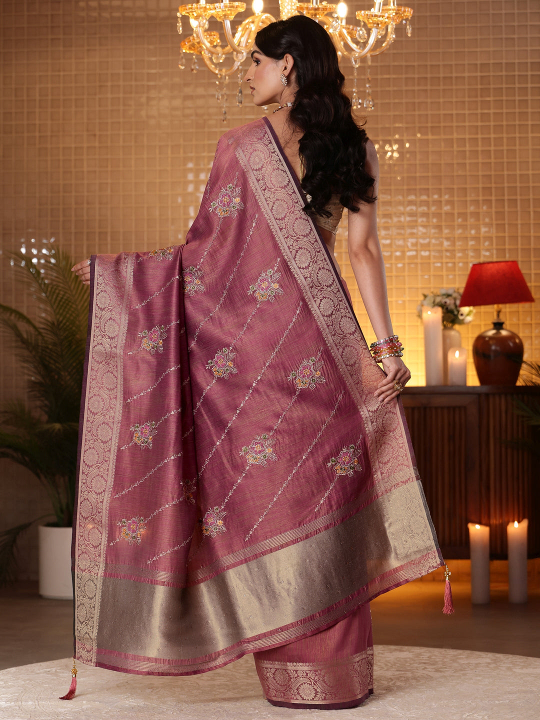  Mauve Floral Embroidered Silk Blend Saree 