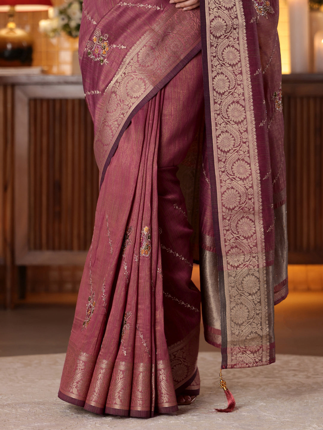  Mauve Floral Embroidered Silk Blend Saree 