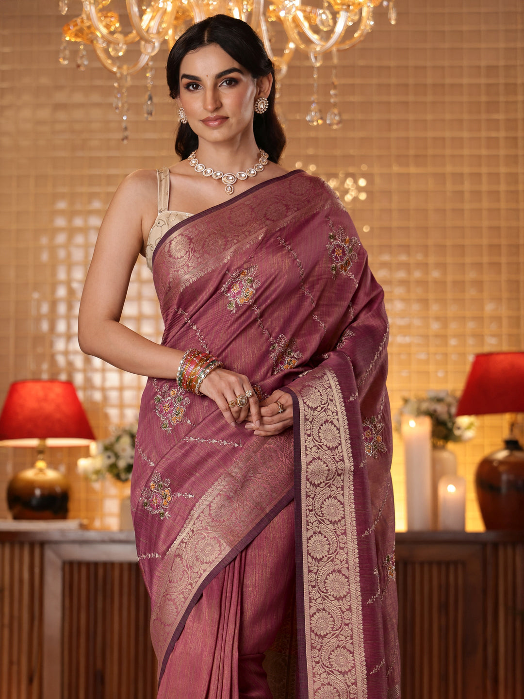  Mauve Floral Embroidered Silk Blend Saree 