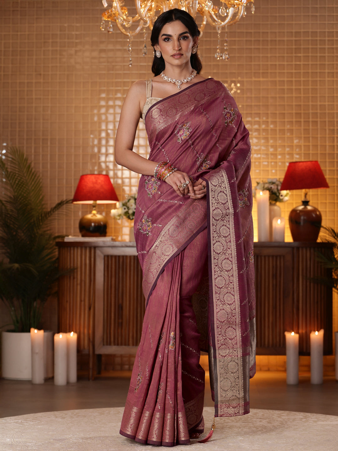  Mauve Floral Embroidered Silk Blend Saree 