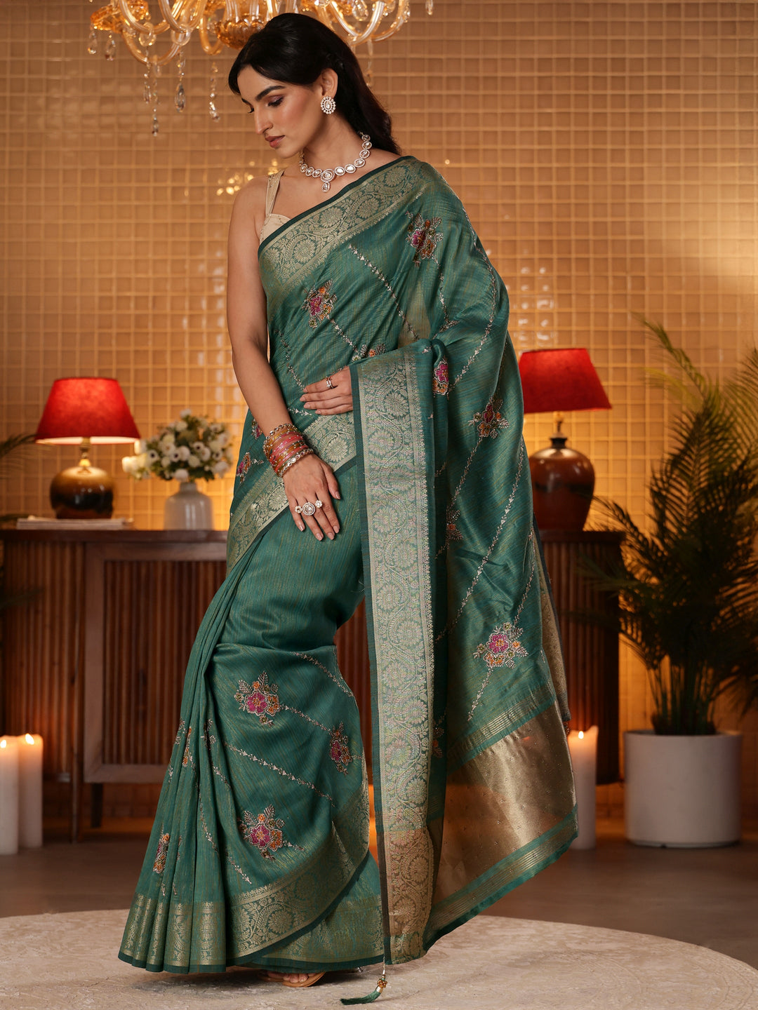  Green Floral Embroidered Silk Blend Saree 