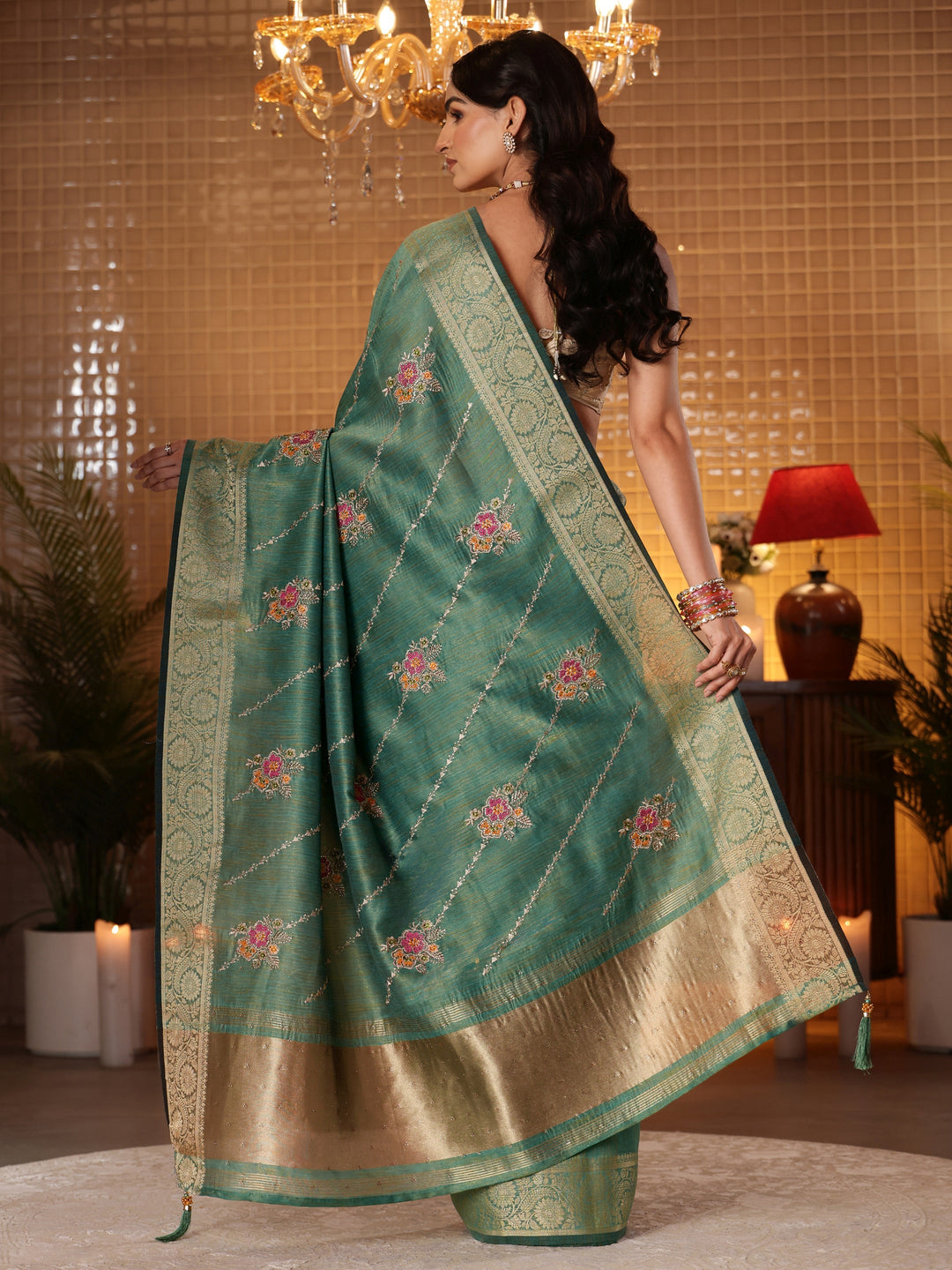  Green Floral Embroidered Silk Blend Saree 