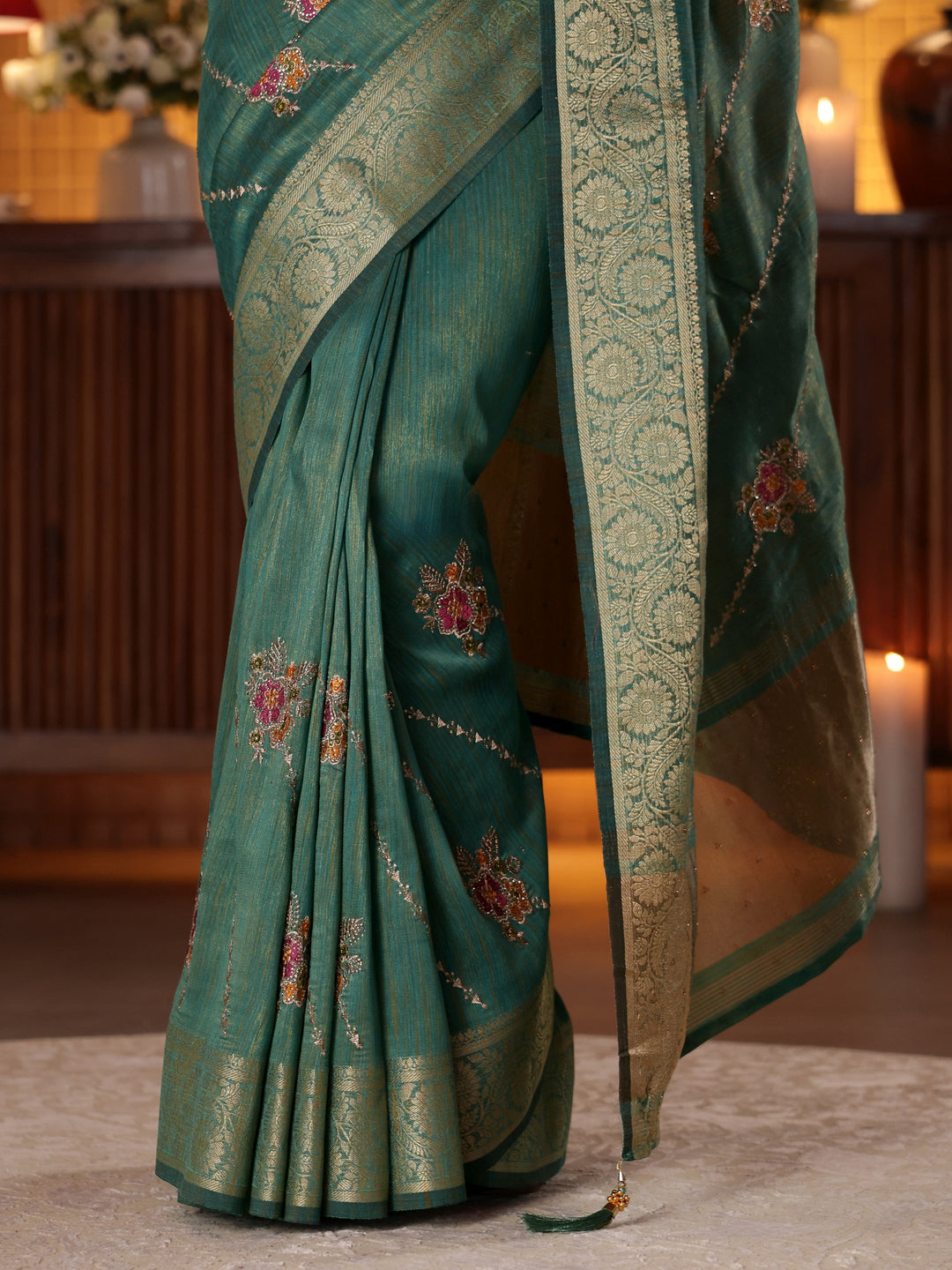  Green Floral Embroidered Silk Blend Saree 