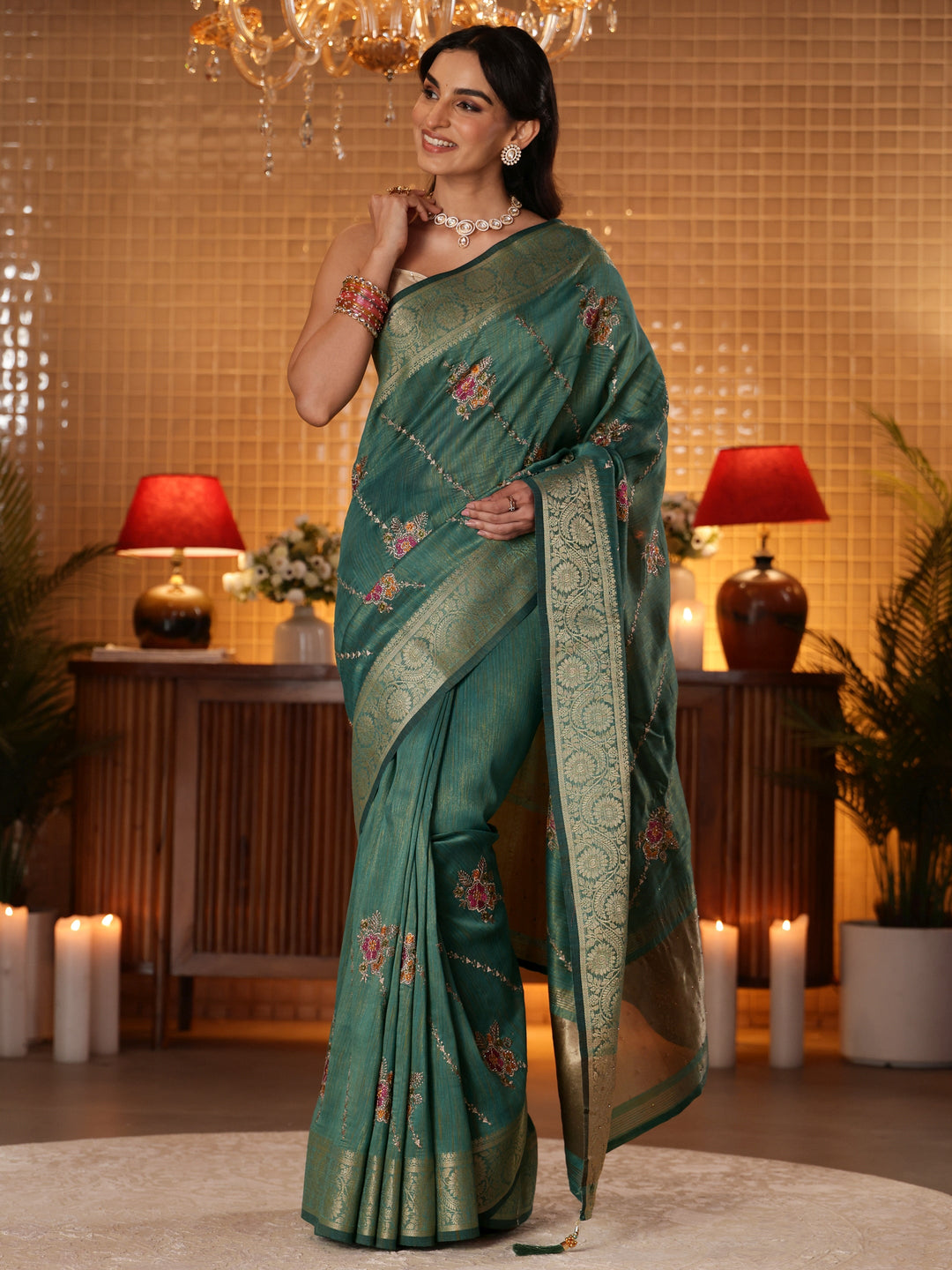  Green Floral Embroidered Silk Blend Saree 