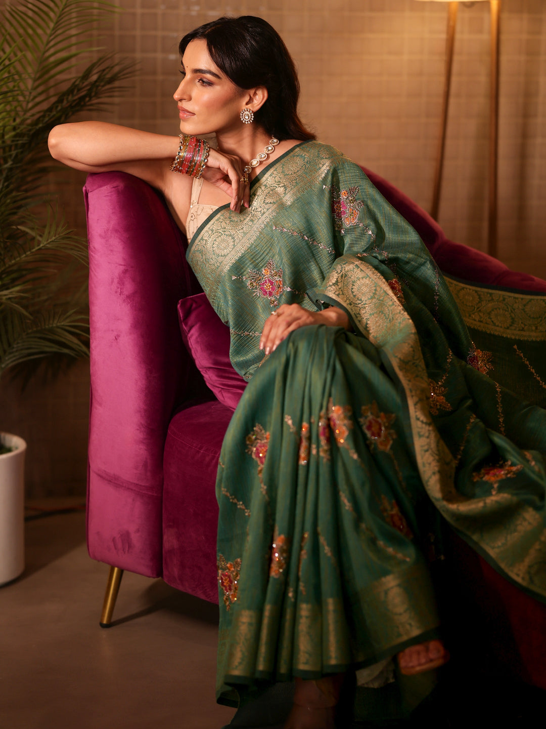  Green Floral Embroidered Silk Blend Saree 