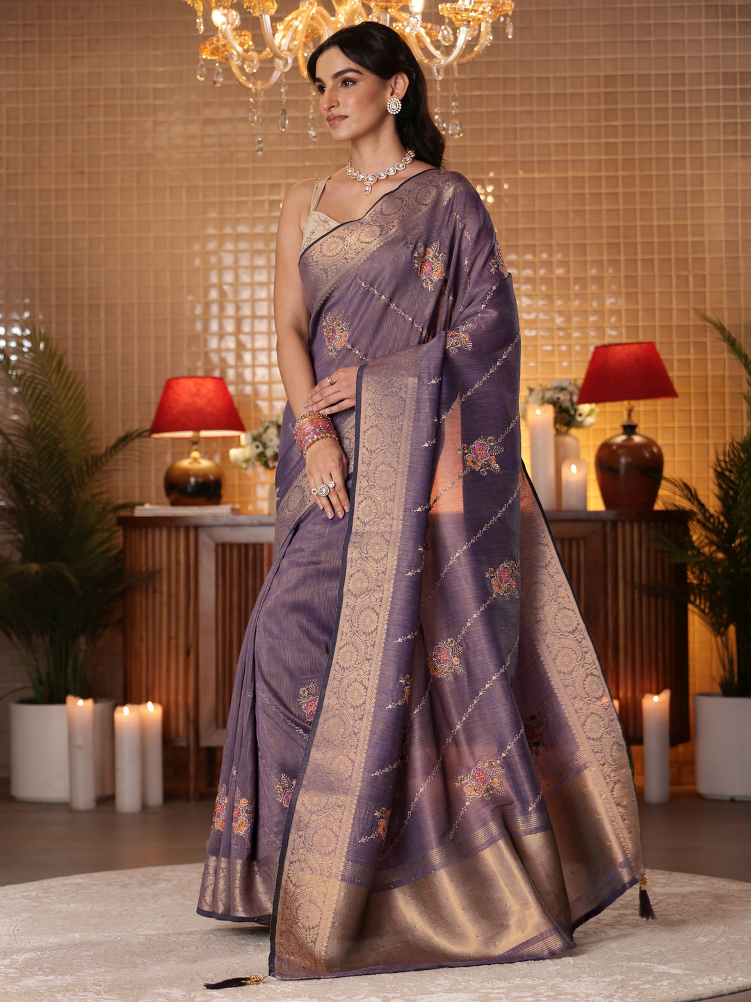  Lavender Floral Embroidered Silk Blend Saree 