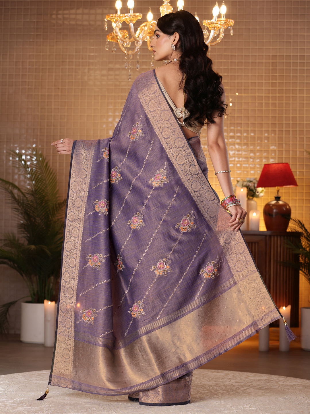  Lavender Floral Embroidered Silk Blend Saree 