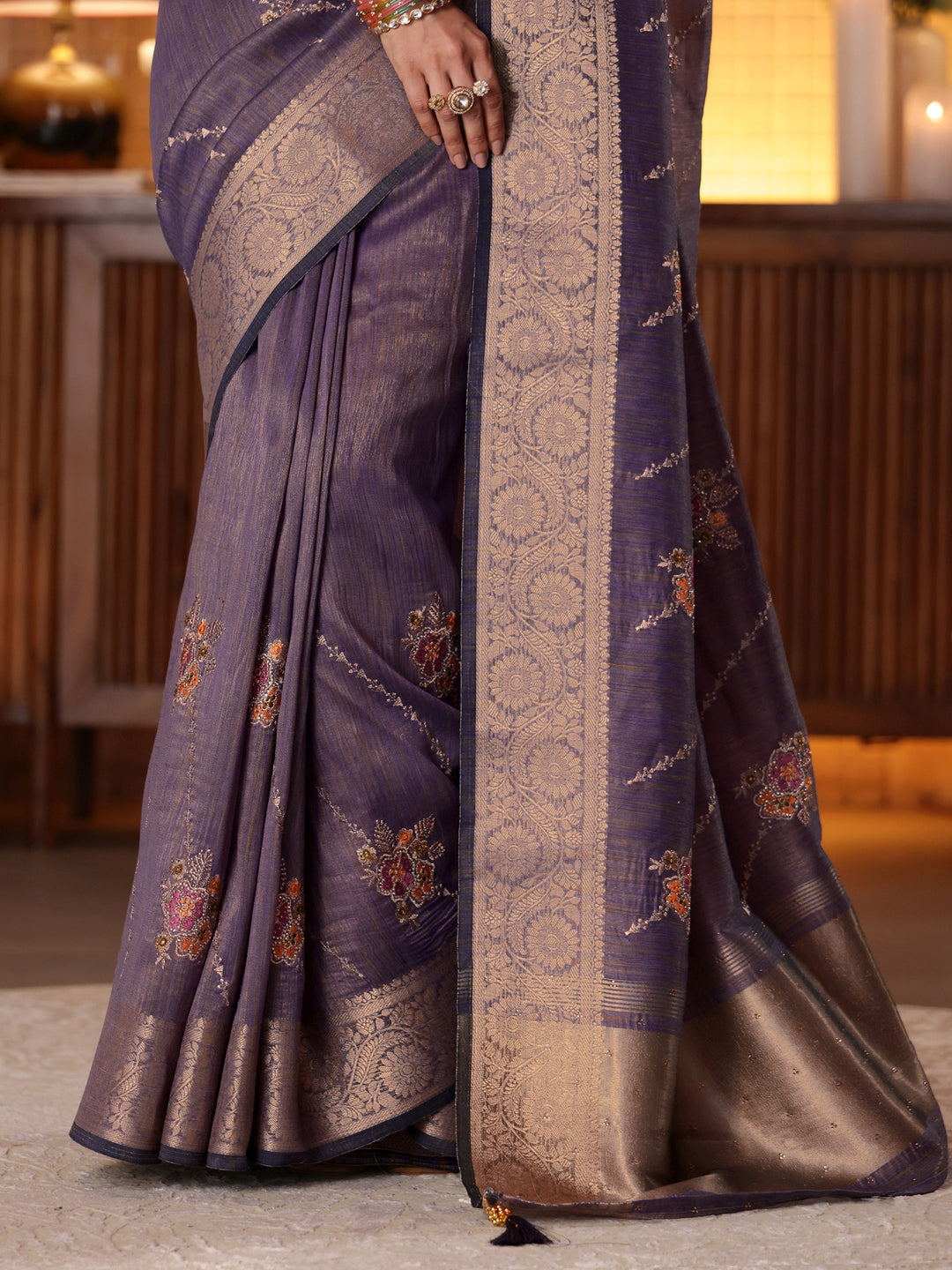  Lavender Floral Embroidered Silk Blend Saree 