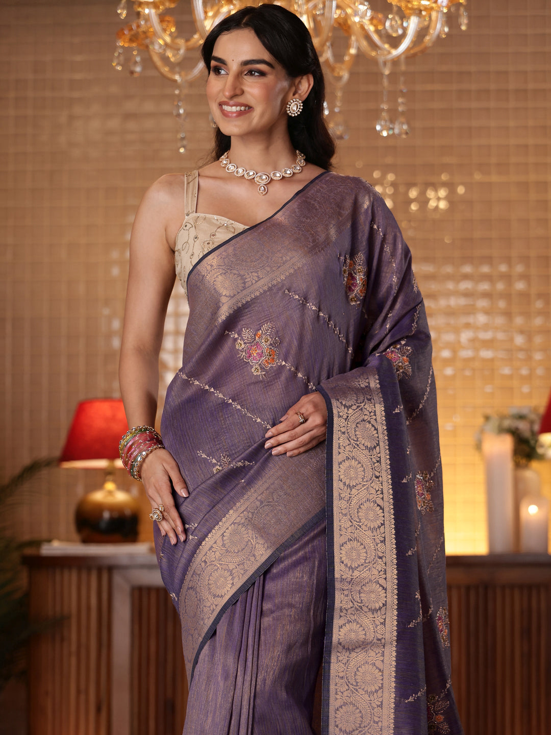  Lavender Floral Embroidered Silk Blend Saree 