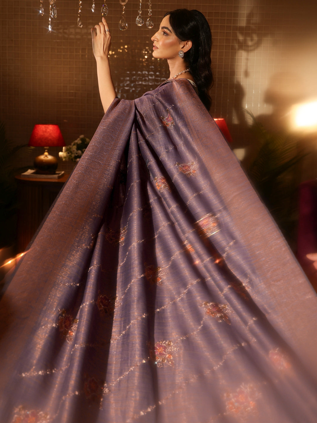  Lavender Floral Embroidered Silk Blend Saree 