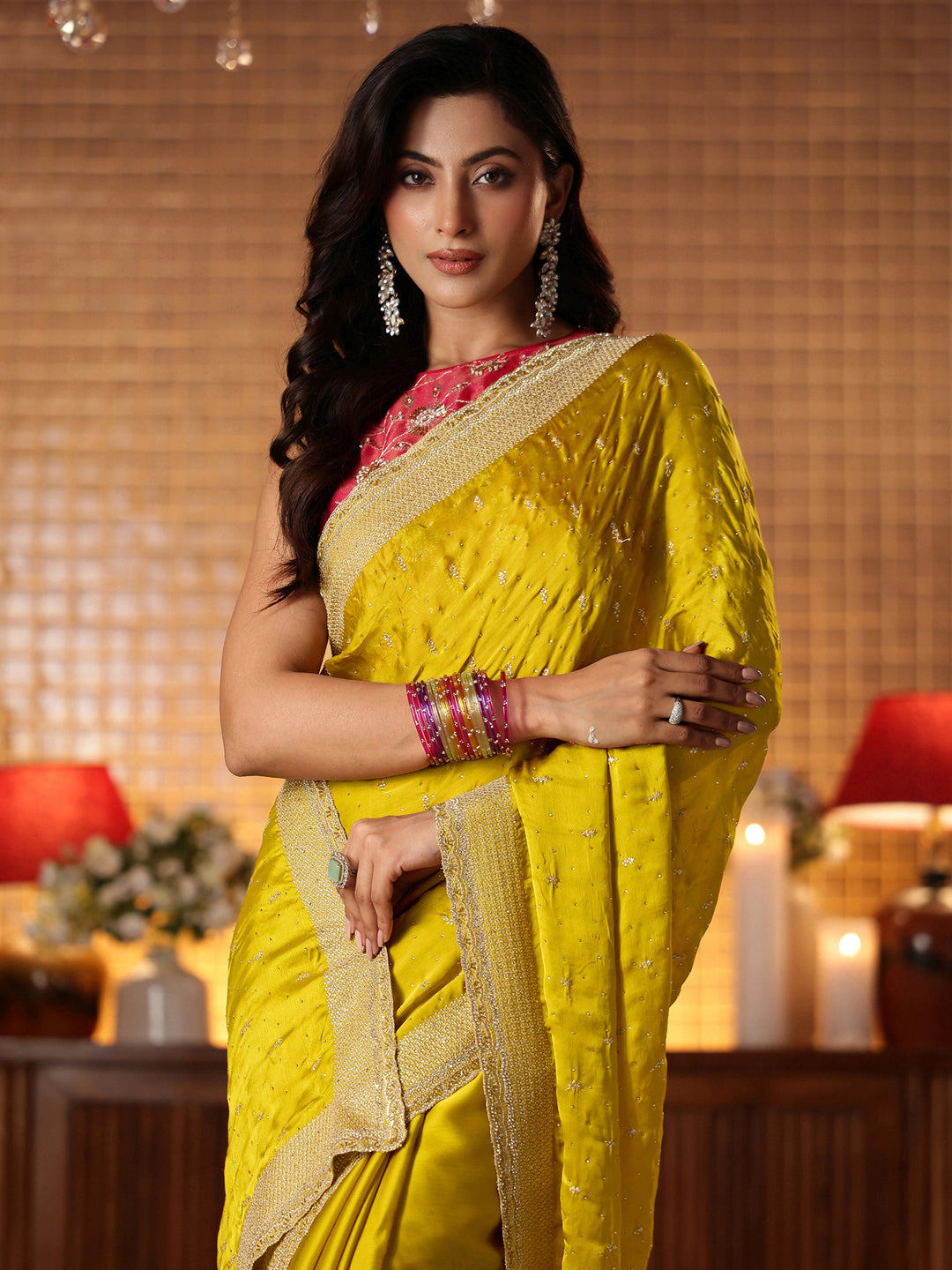  Mustard Embellished Chiffon Saree 