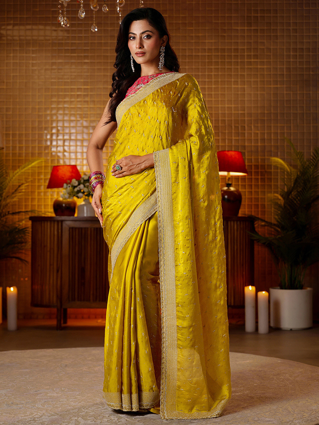 Libas Mustard Embellished Chiffon Saree