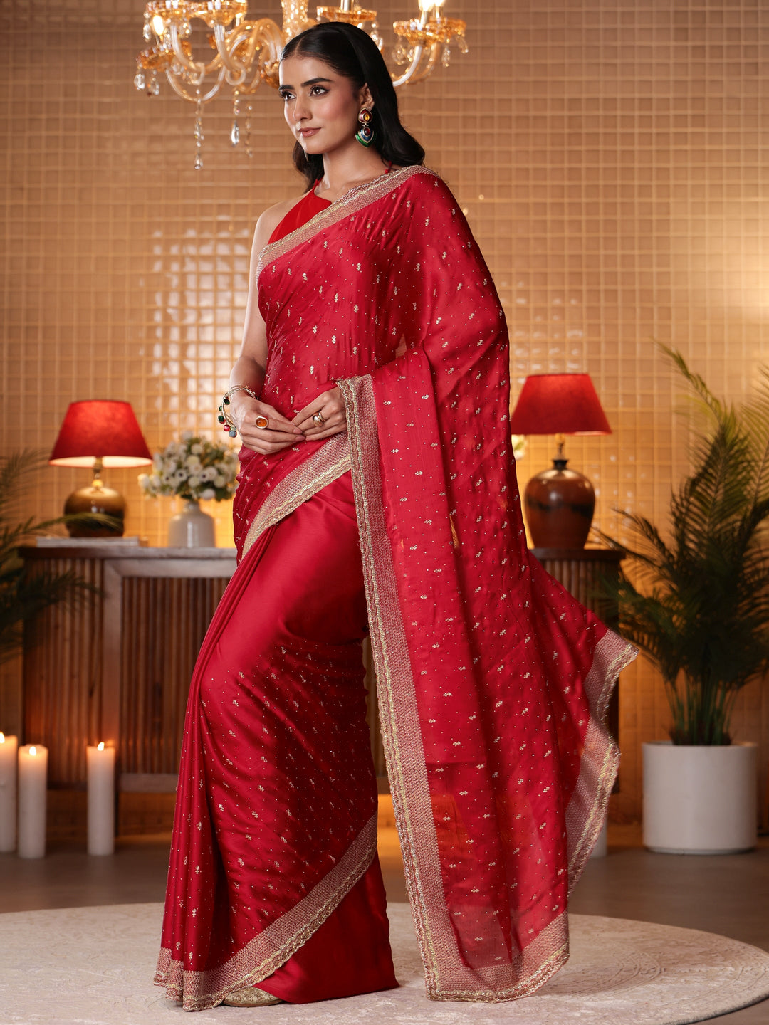  Red Embellished Chiffon Saree 