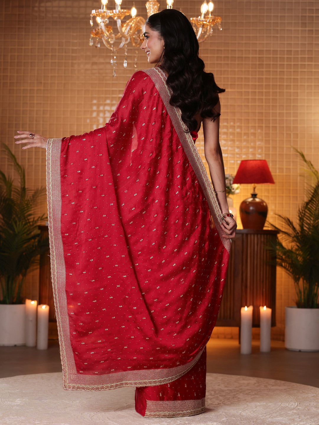  Red Embellished Chiffon Saree 
