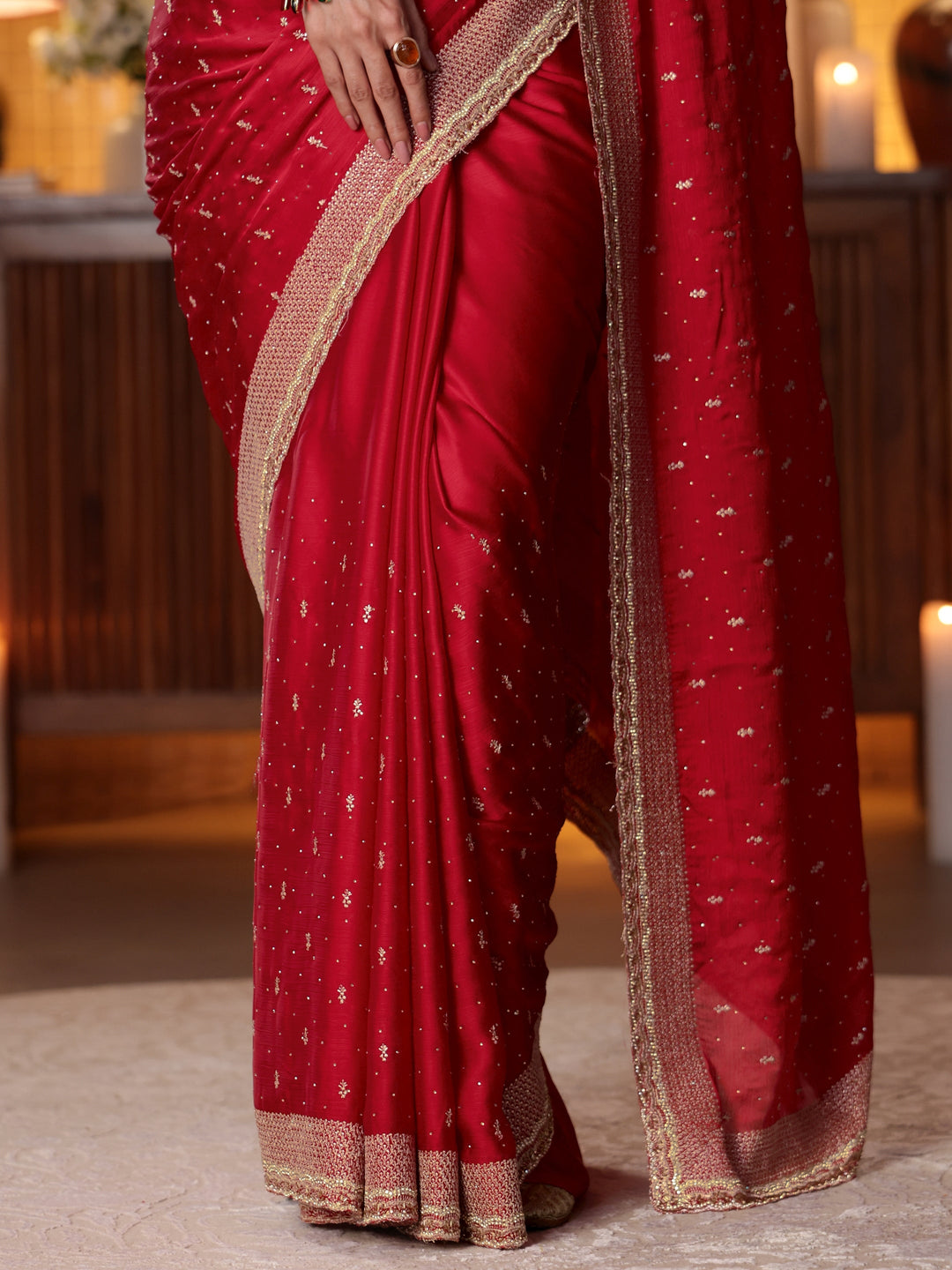  Red Embellished Chiffon Saree 