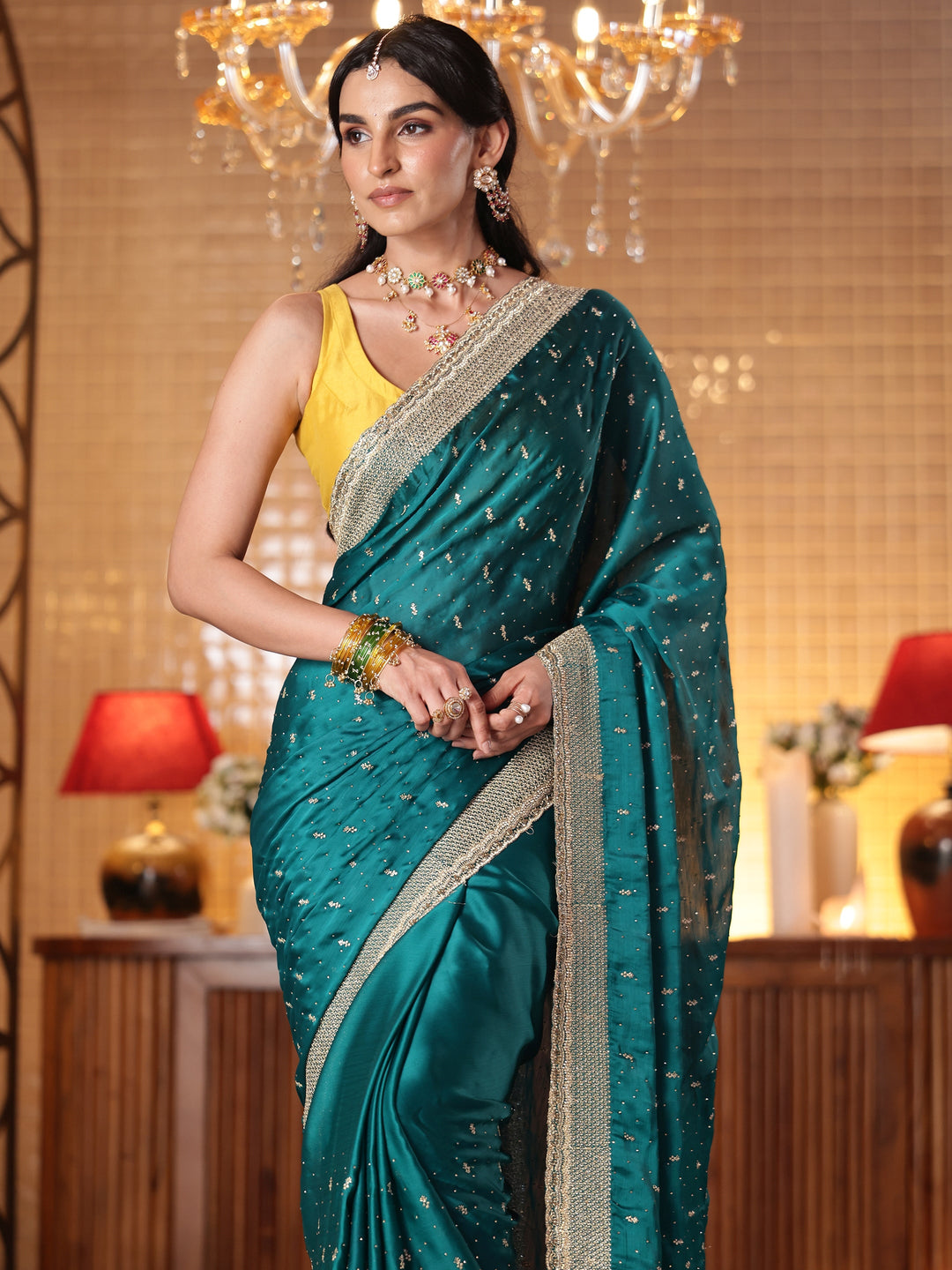  Green Embellished Chiffon Saree 