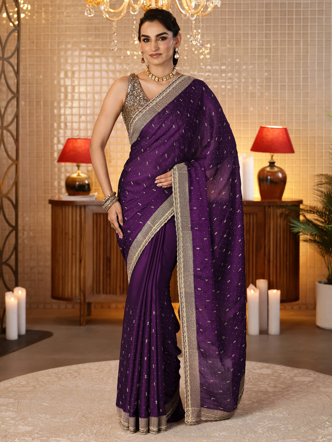  Burgundy Embellished Chiffon Saree 
