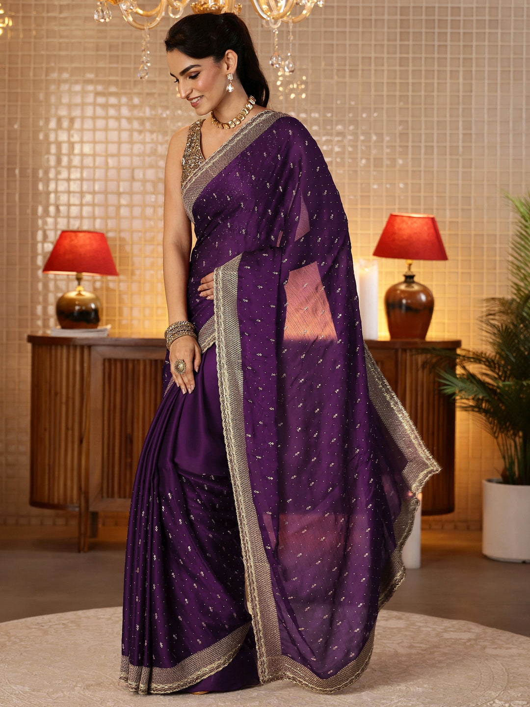  Burgundy Embellished Chiffon Saree 