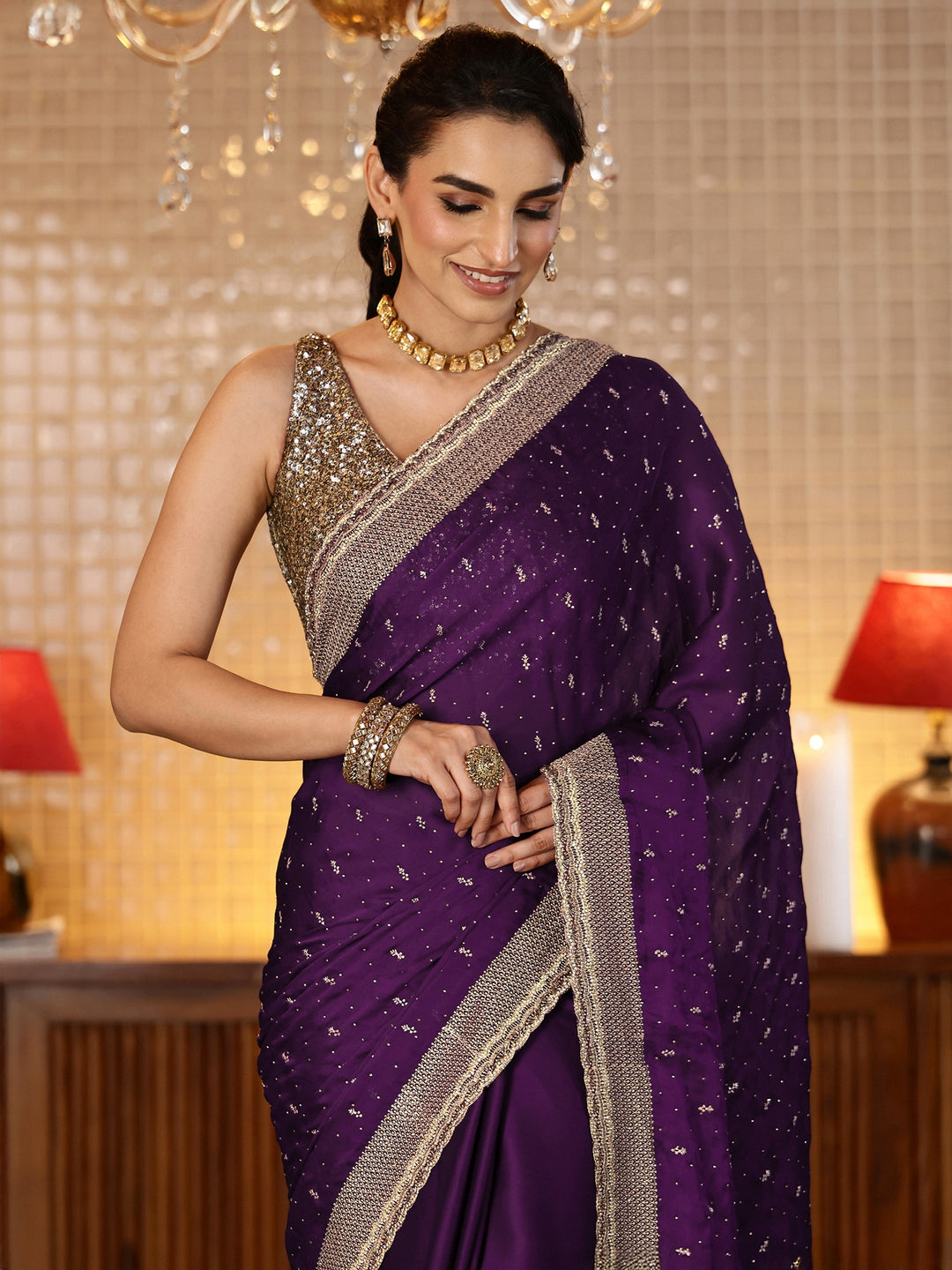 Burgundy Embellished Chiffon Saree 