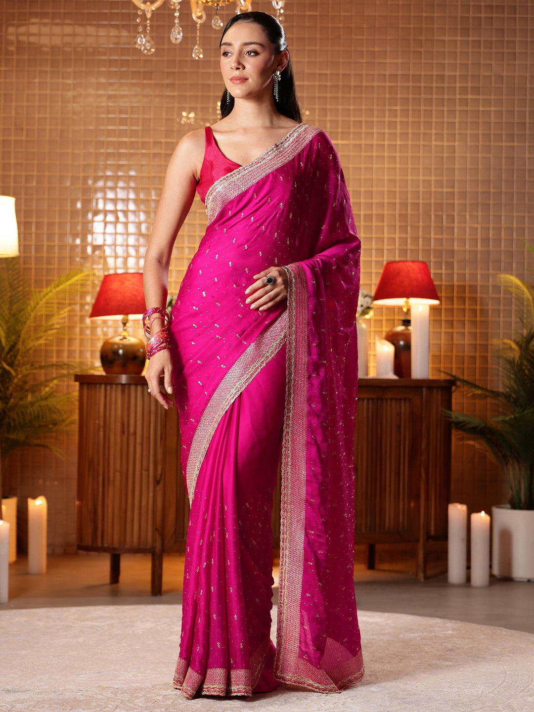  Pink Embellished Chiffon Saree 