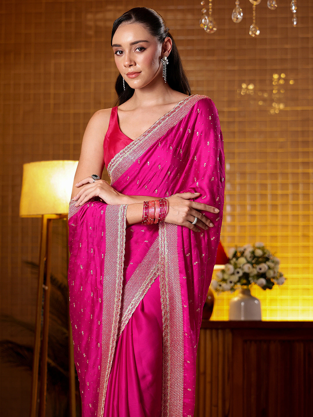 Libas Pink Embellished Chiffon Saree