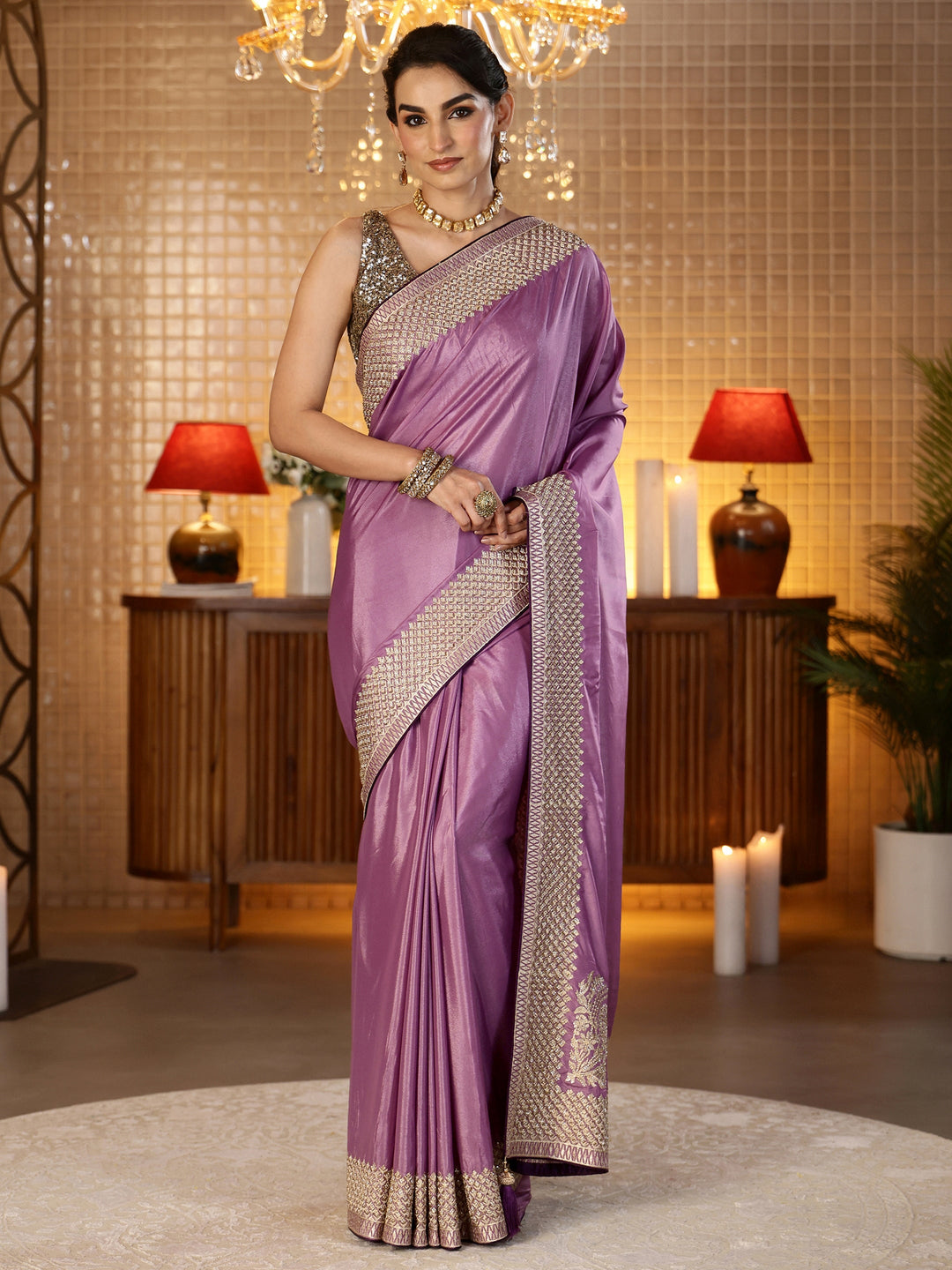 Lavender Satin Saree with Embroidered Border 