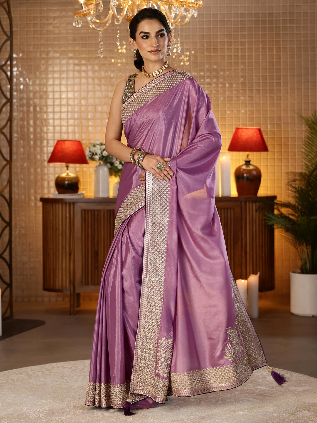  Lavender Satin Saree with Embroidered Border 