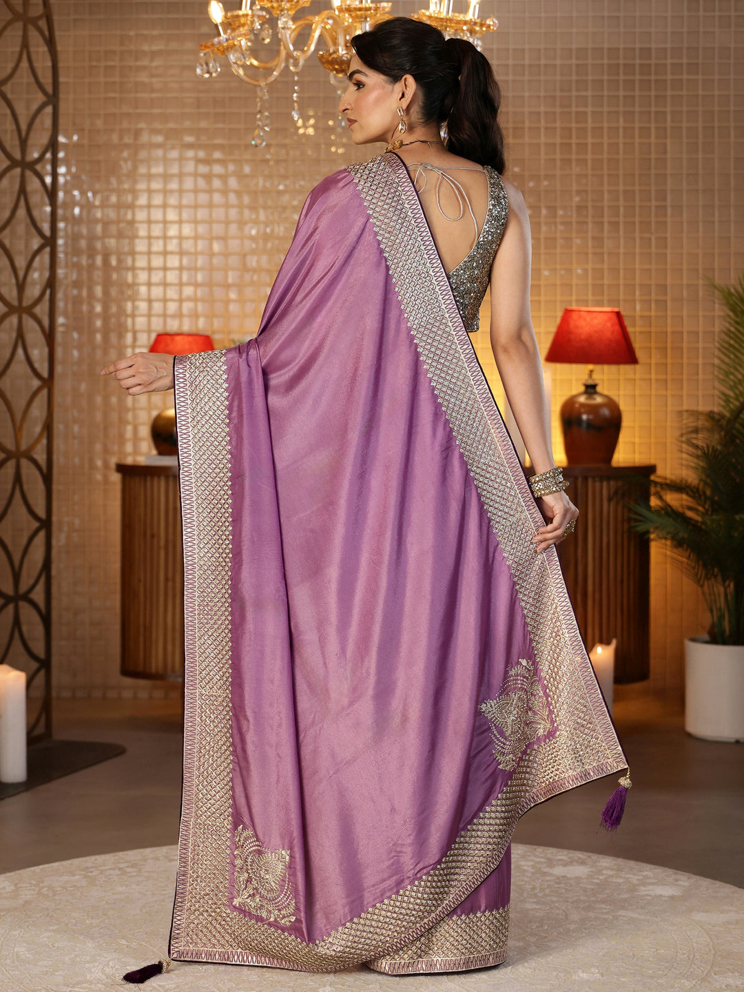  Lavender Satin Saree with Embroidered Border 