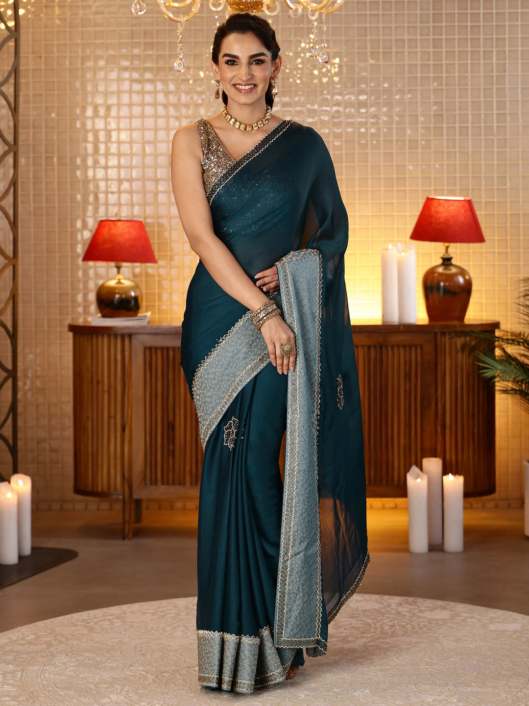  Navy Blue Embellished Chiffon Saree 