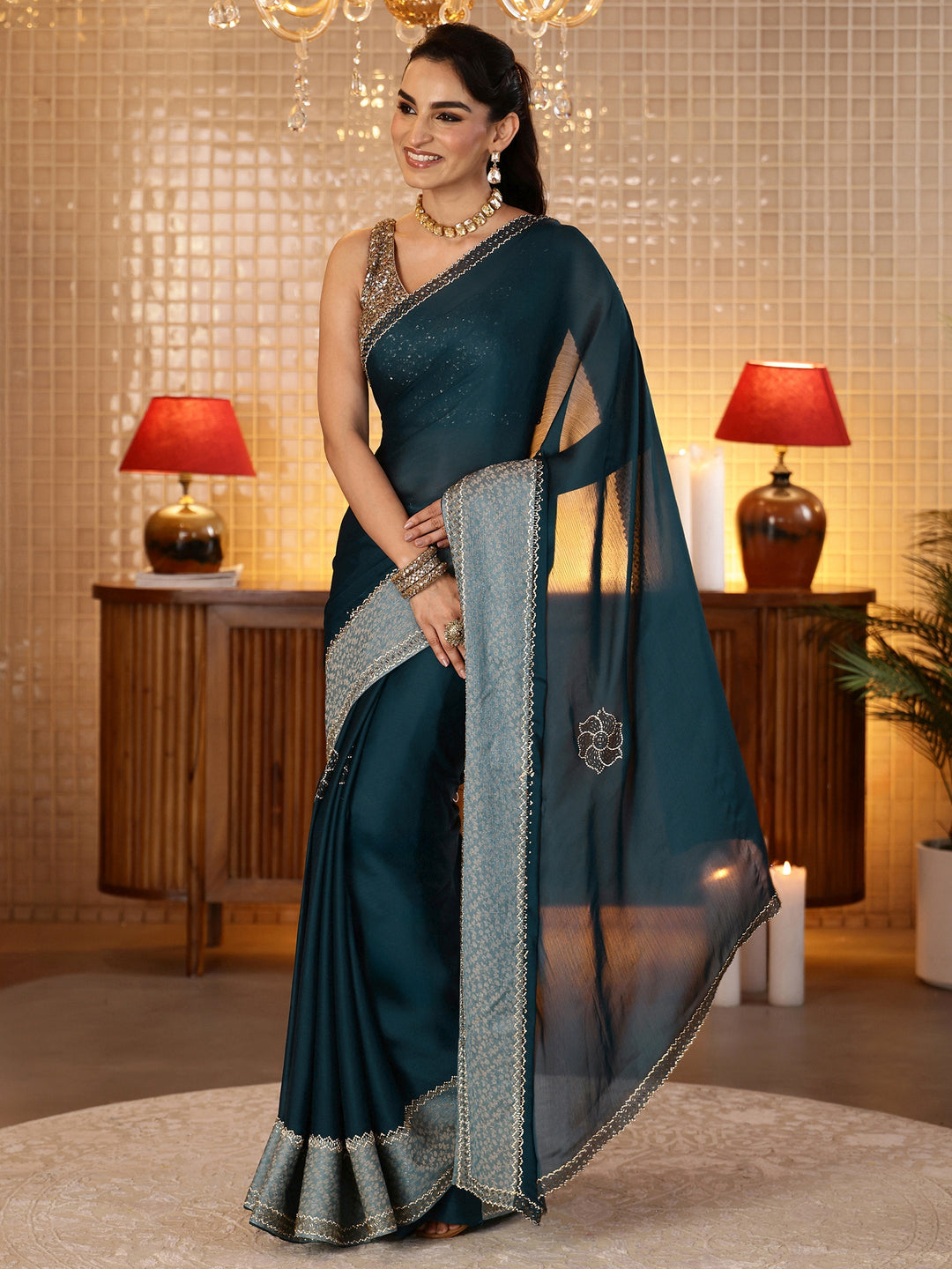  Navy Blue Embellished Chiffon Saree 
