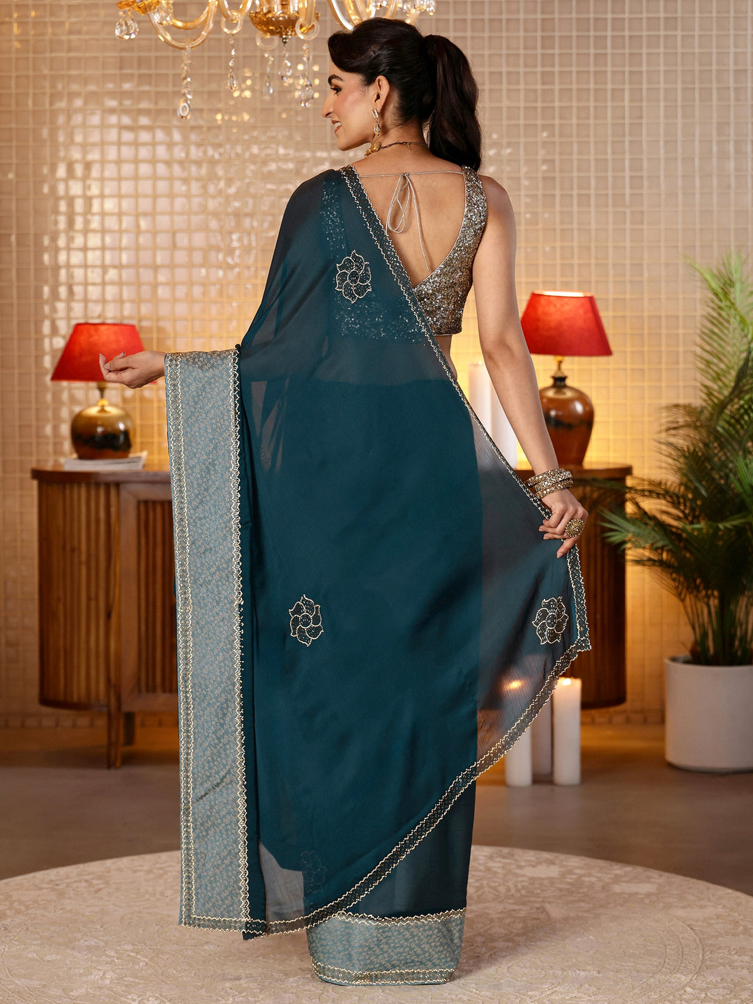  Navy Blue Embellished Chiffon Saree 