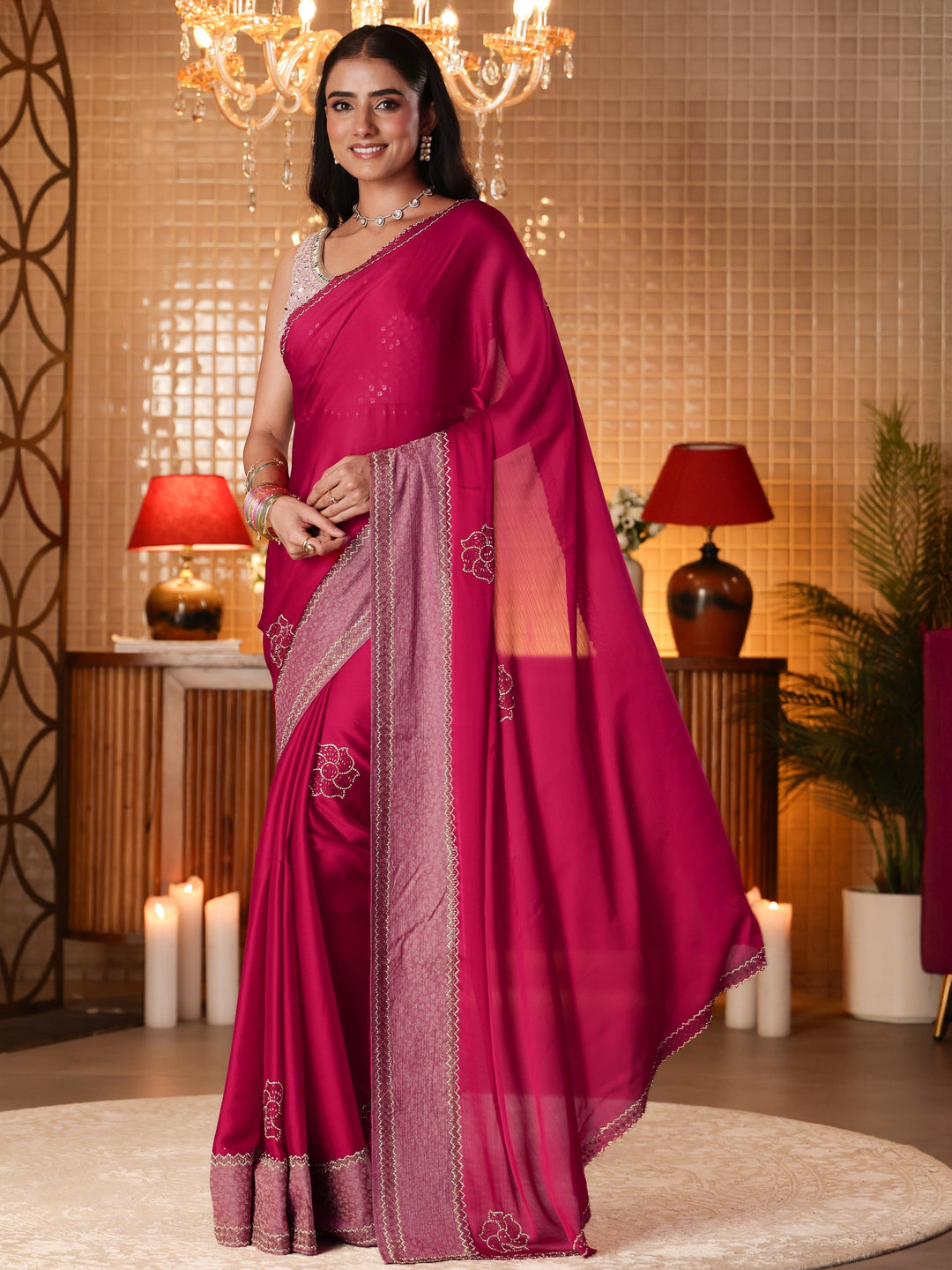  Pink Solid Chiffon Saree 
