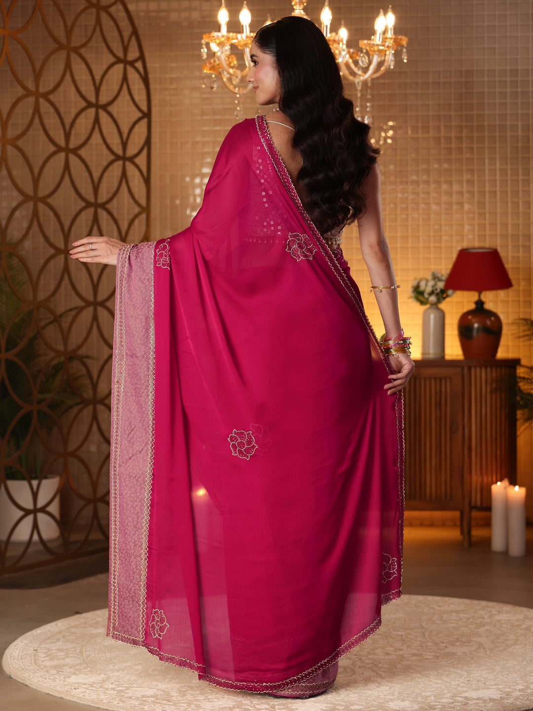  Pink Solid Chiffon Saree 