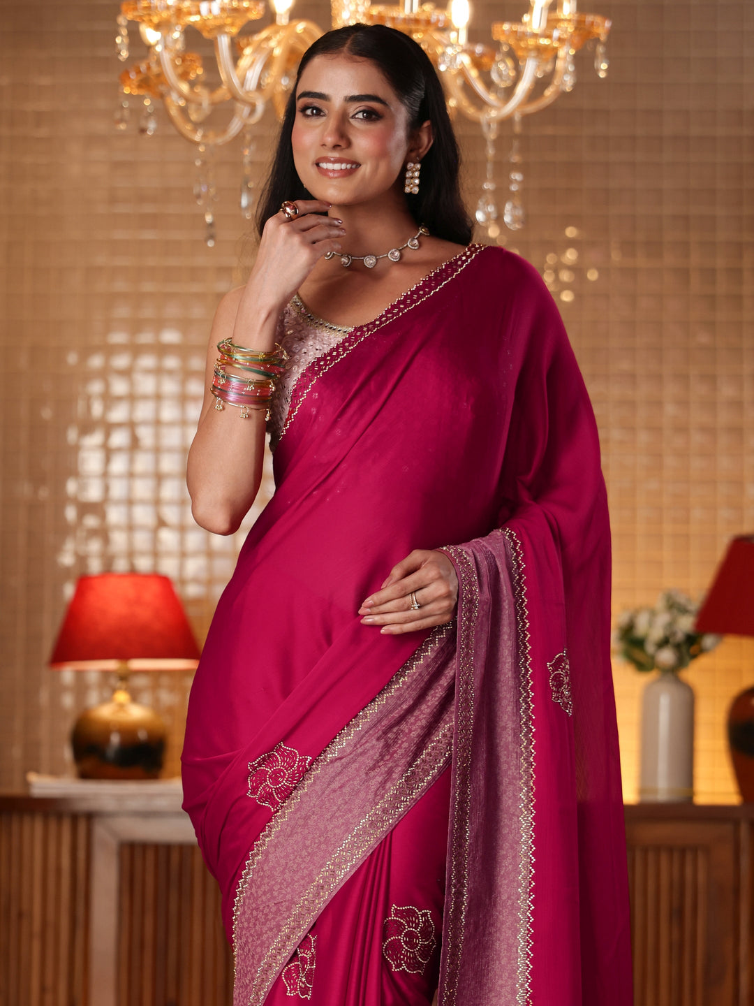  Pink Solid Chiffon Saree 