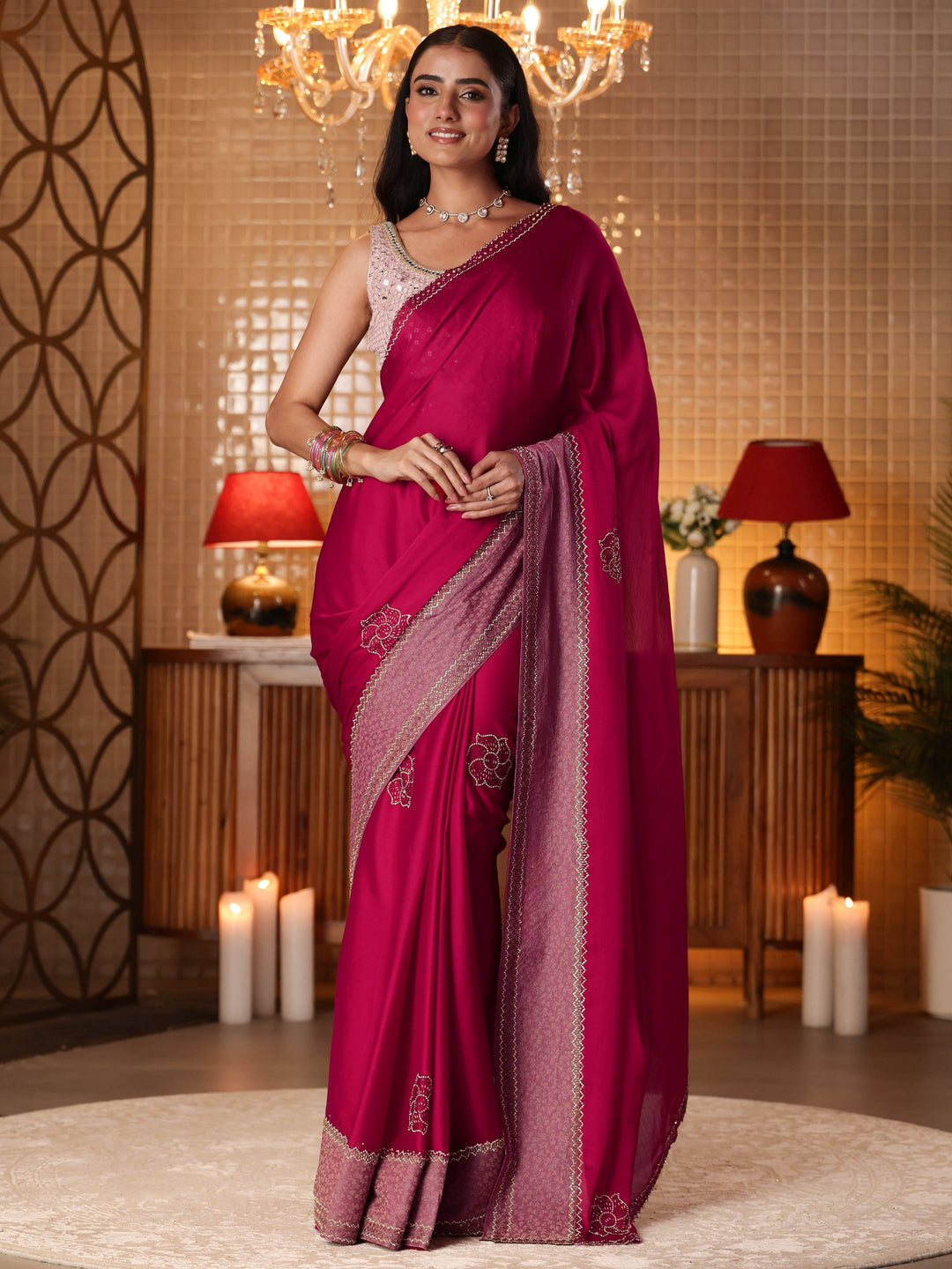  Pink Solid Chiffon Saree 