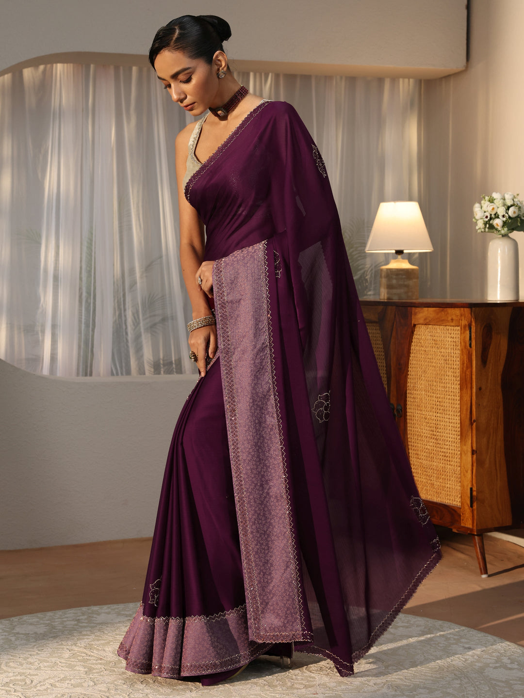  Burgundy Embellished Chiffon Saree 