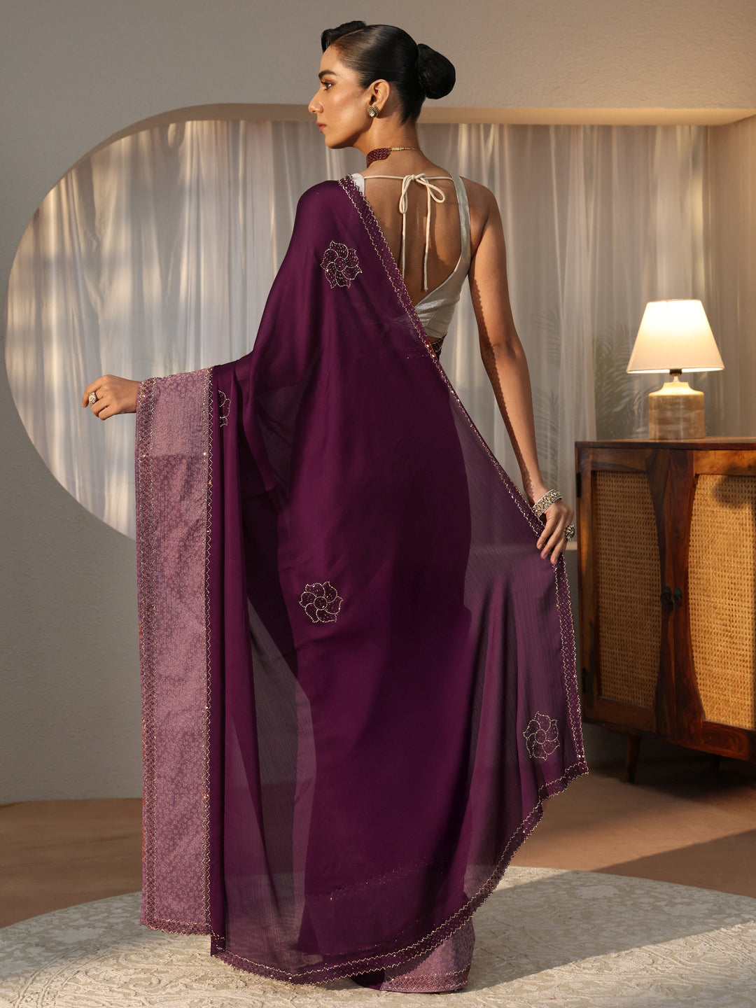  Burgundy Embellished Chiffon Saree 