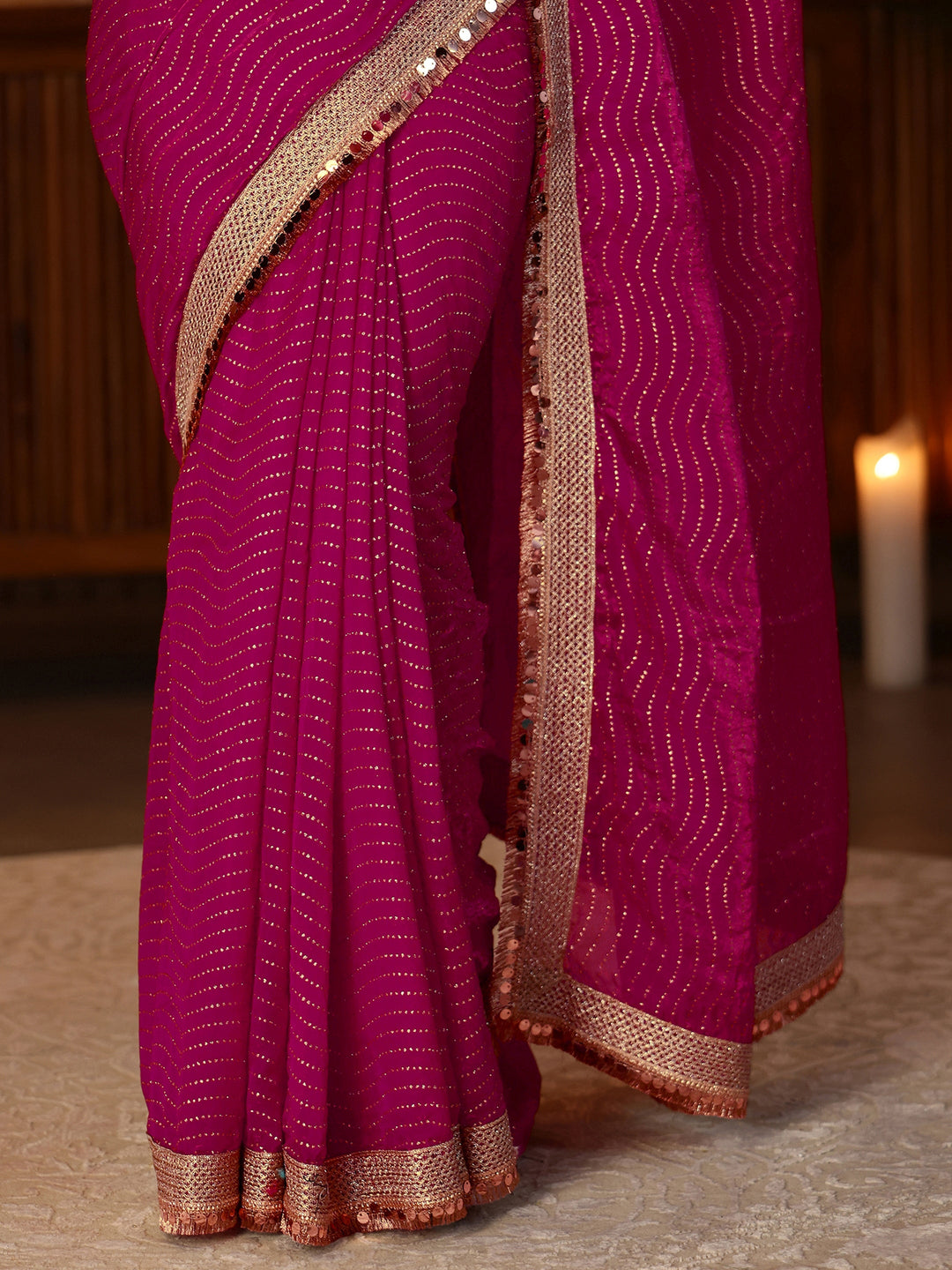  Rani Pink Leheriya Embellished Tissue Saree 