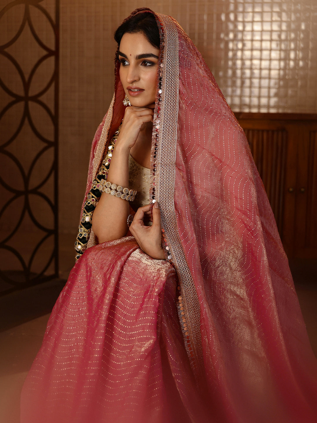  Dusty Rose Pink Leheriya Embellished Tissue Saree 