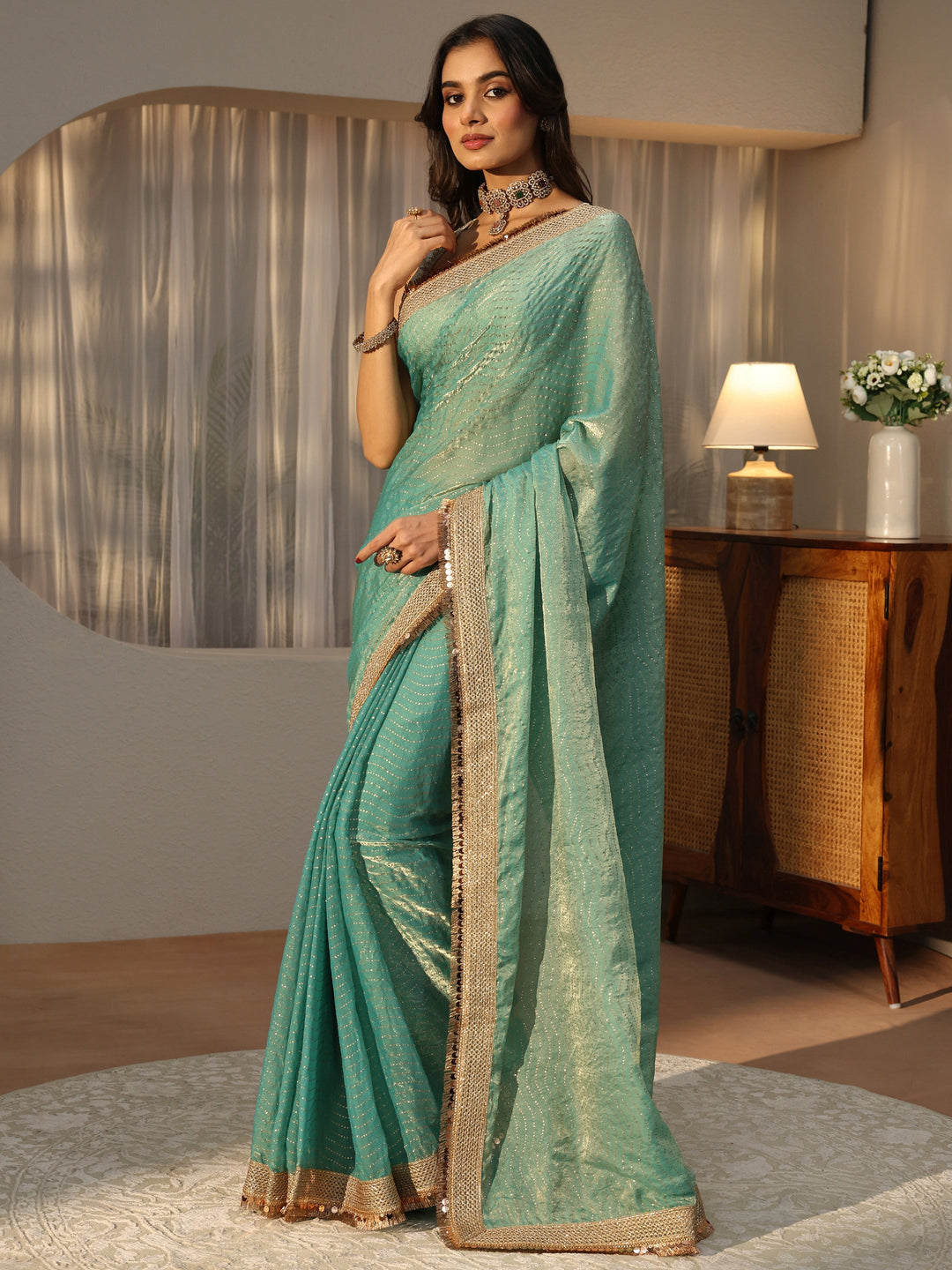  Seafoam Blue Leheriya Embellished Tissue Saree 