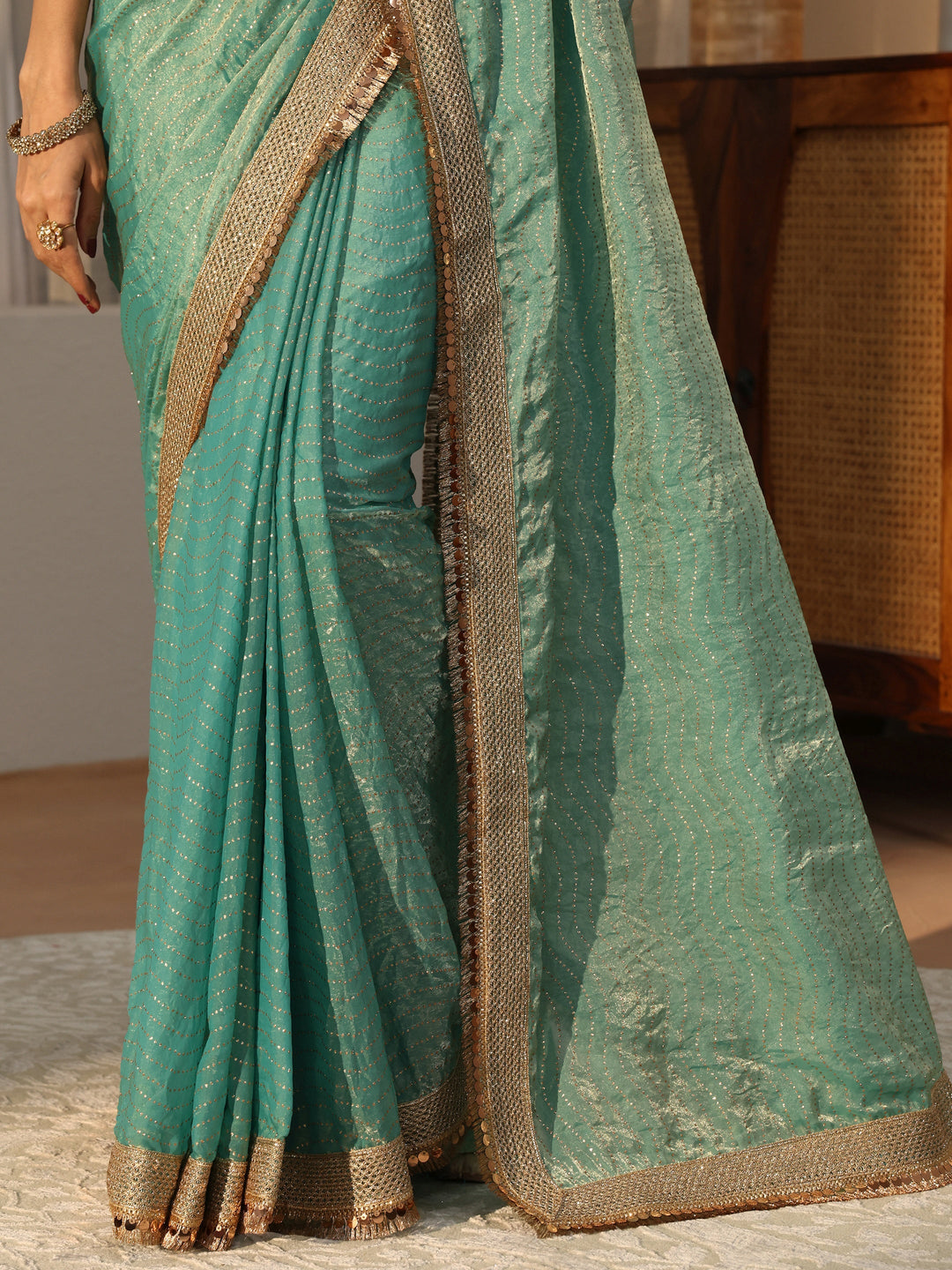  Seafoam Blue Leheriya Embellished Tissue Saree 
