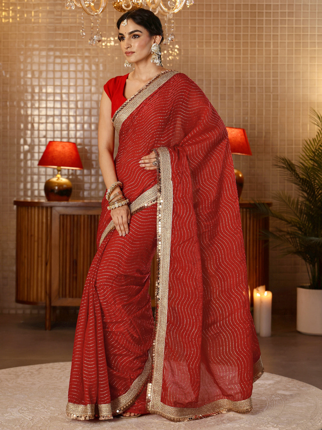  Vermilion Red Leheriya Embellished Tissue Saree 