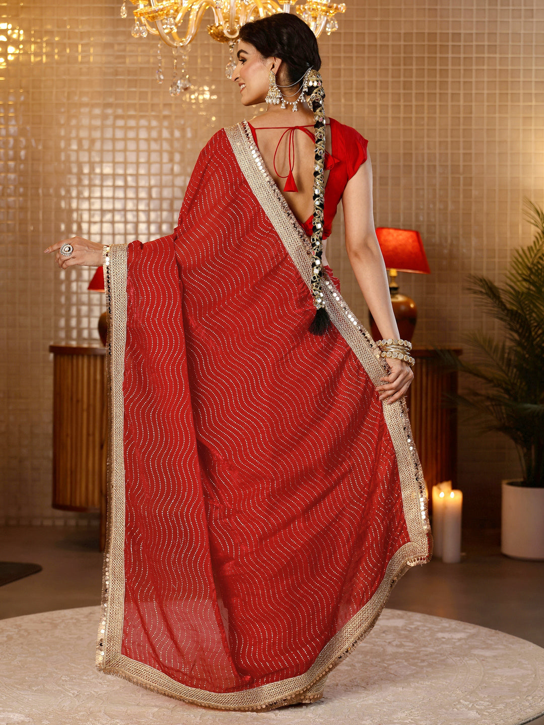  Vermilion Red Leheriya Embellished Tissue Saree 