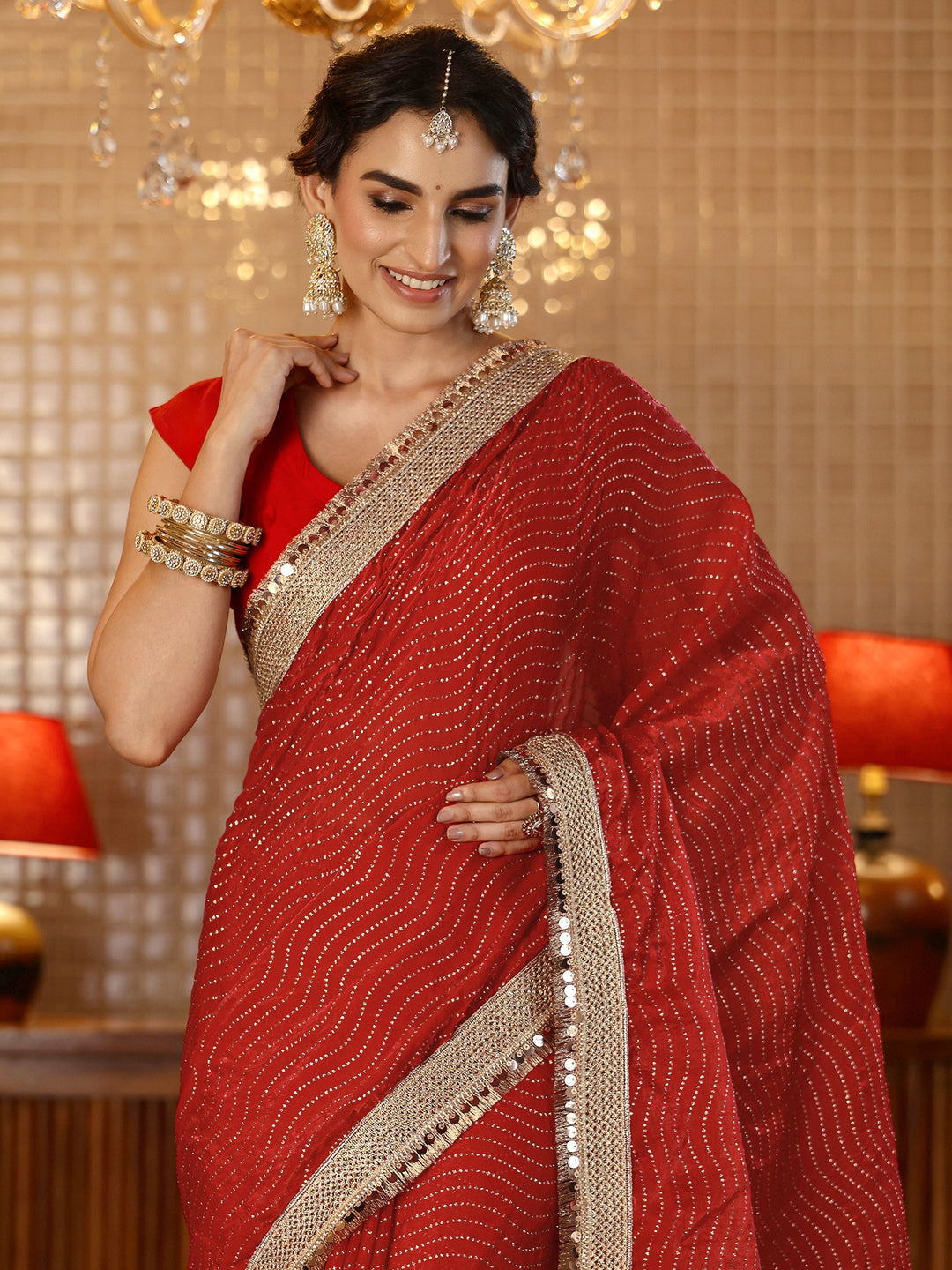  Vermilion Red Leheriya Embellished Tissue Saree 