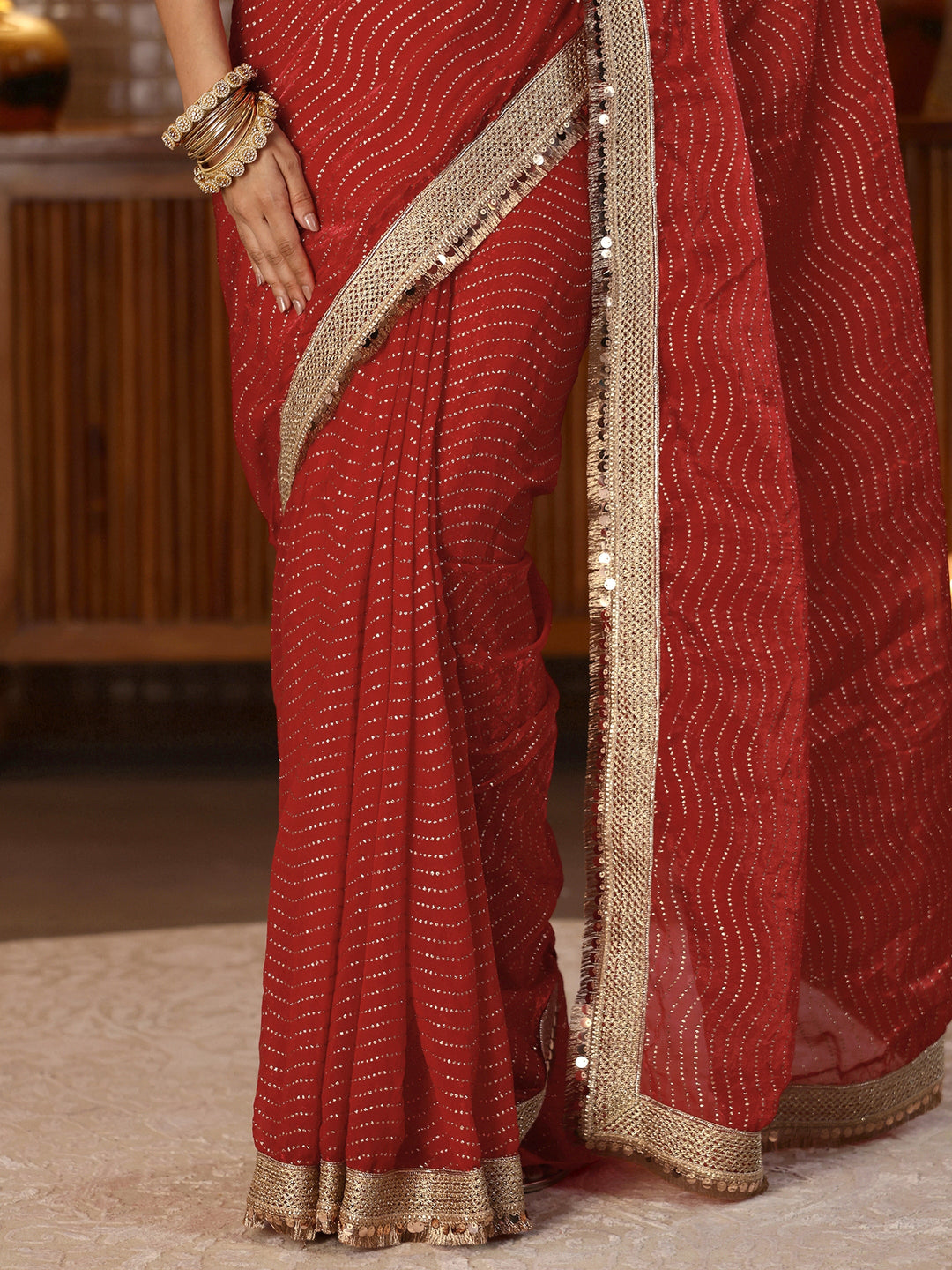  Vermilion Red Leheriya Embellished Tissue Saree 