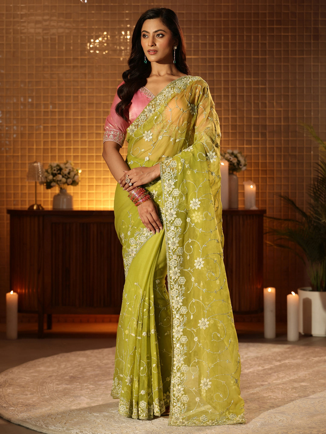  Green Floral Embroidered Chiffon Saree 