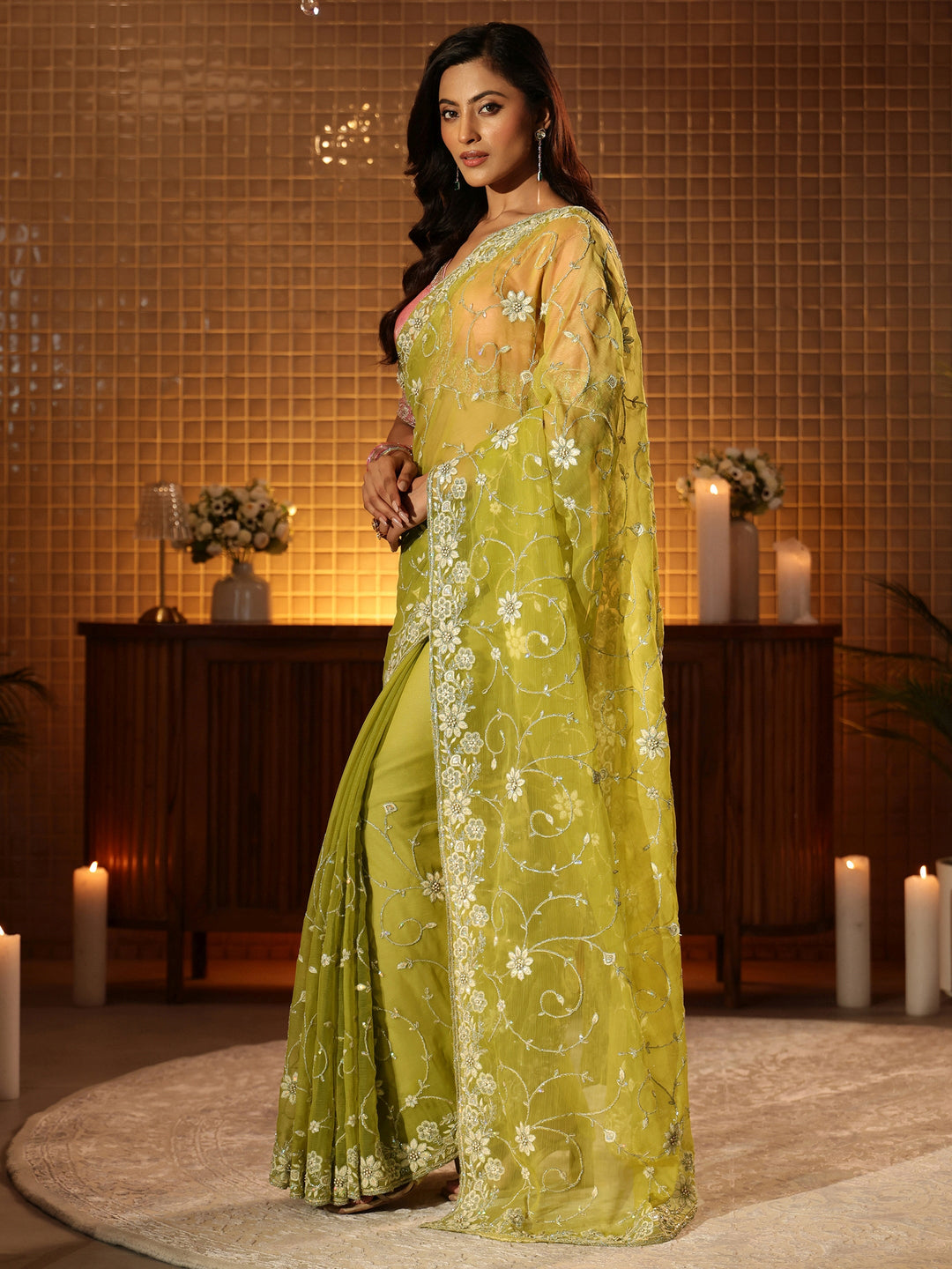  Green Floral Embroidered Chiffon Saree 