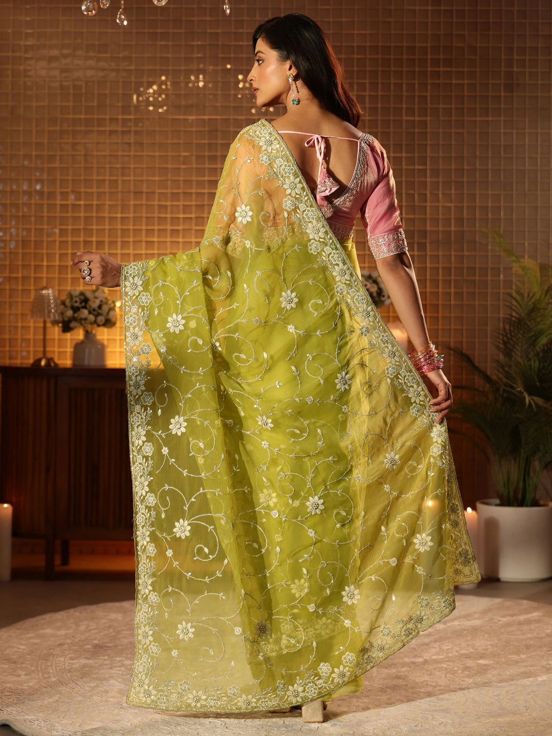  Green Floral Embroidered Chiffon Saree 