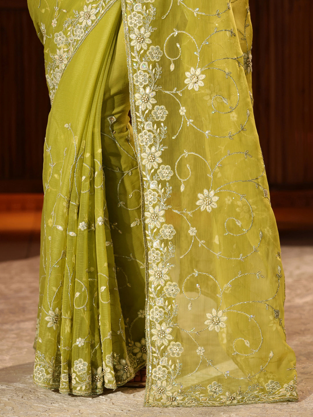  Green Floral Embroidered Chiffon Saree 