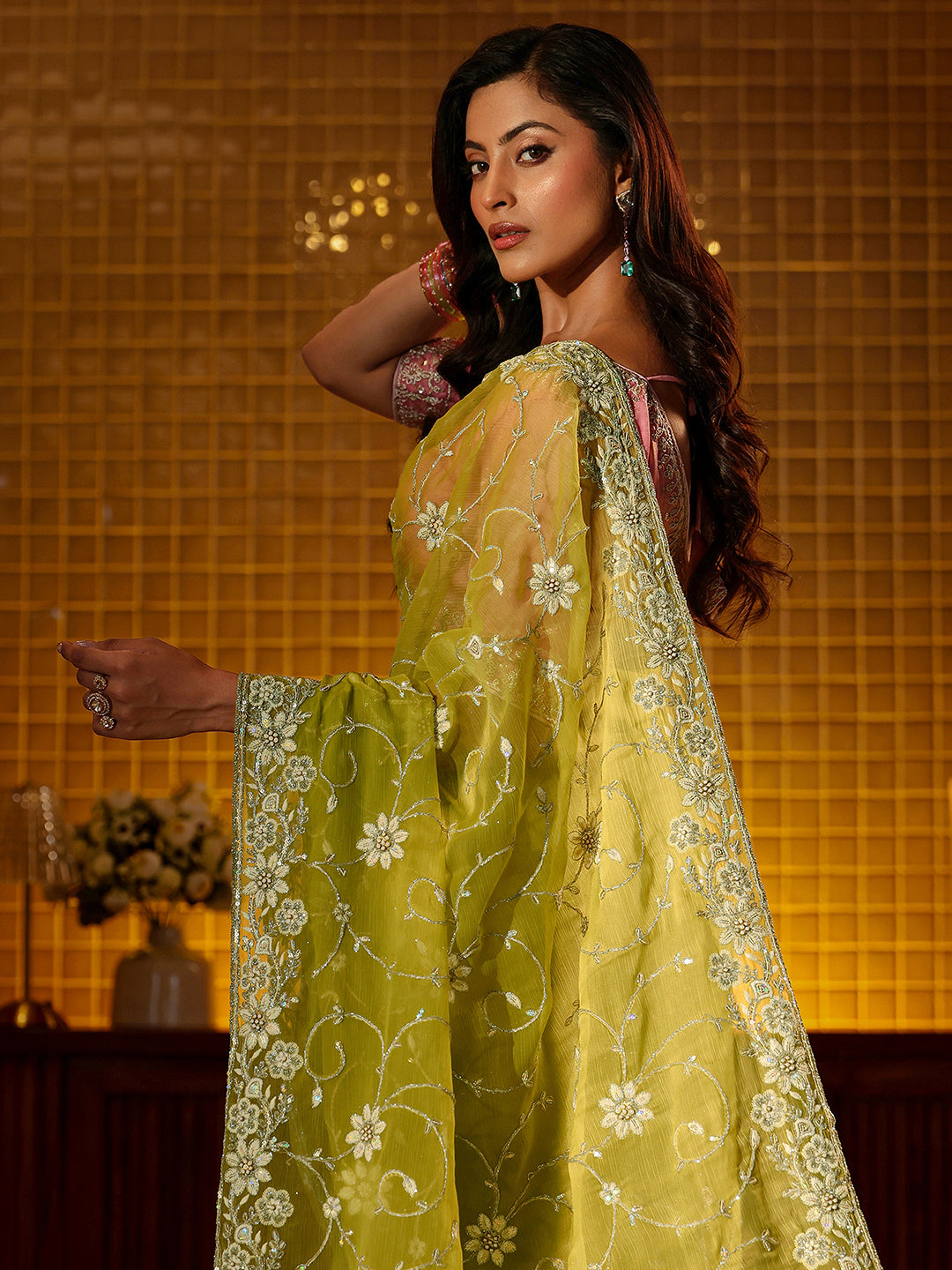  Libas Green Floral Embroidered Chiffon Saree 